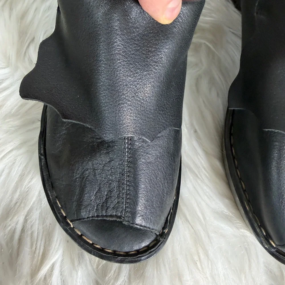 Born Black‎ Leather Peep Toe Wedge Mules Sandals W3098 Womens 9 40.5